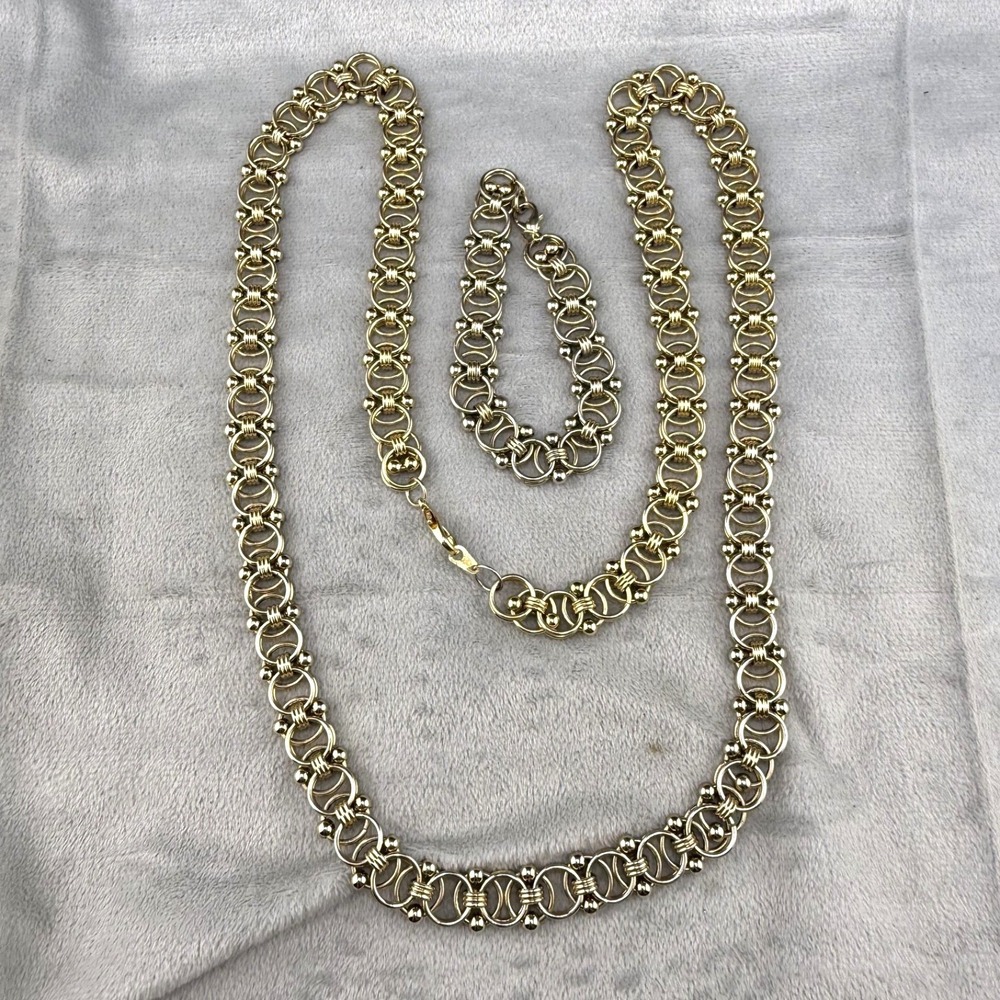 Vintage Estate Jewelry Set Gold Tone Circle Link Chain Necklace Bracelet 36 7.5